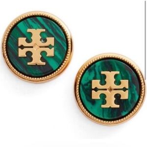 Tory Burch Gold and Green Emblem Studs